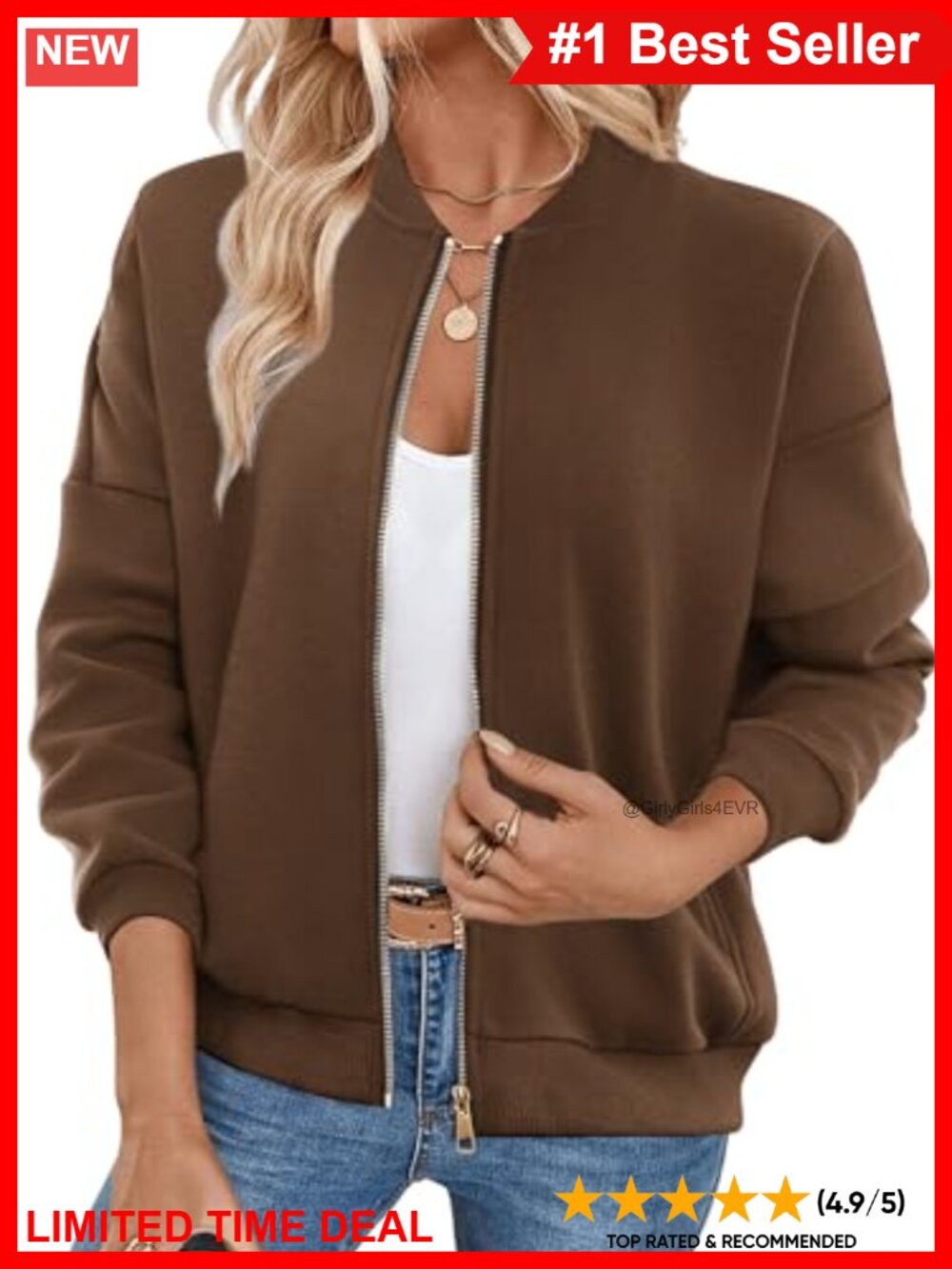 Women's Zip Up Fleece Sweatshirt Crew Neck Jacket Side Pockets